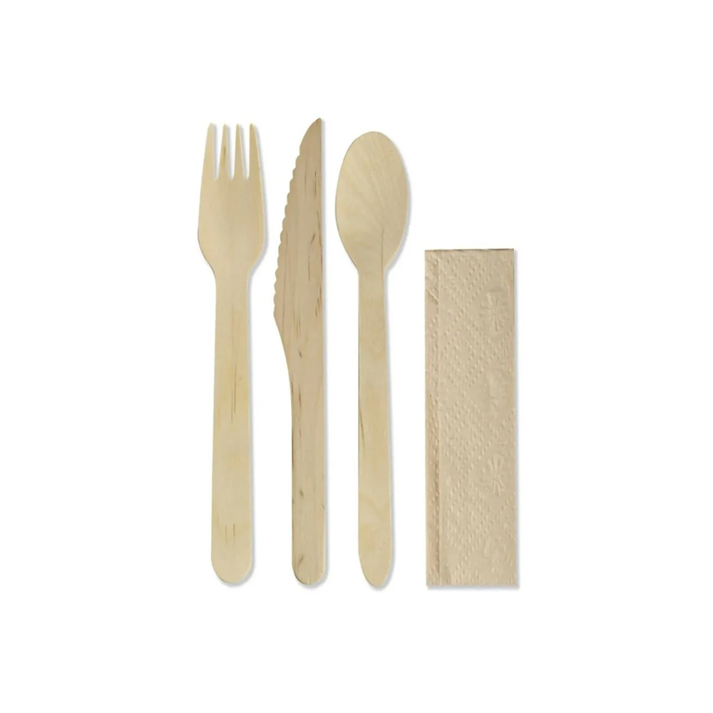 Disposable Kit 4P Wood Spoon, Fork, Knife, Napkin Pack Of 500 Earth Essentials