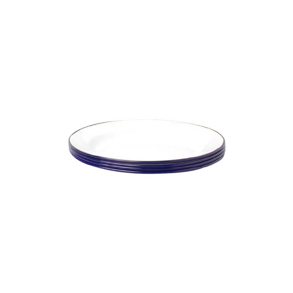 Steel Enamel Round White Flat Plate With Blue Rim 24Cm (4 Pieces)