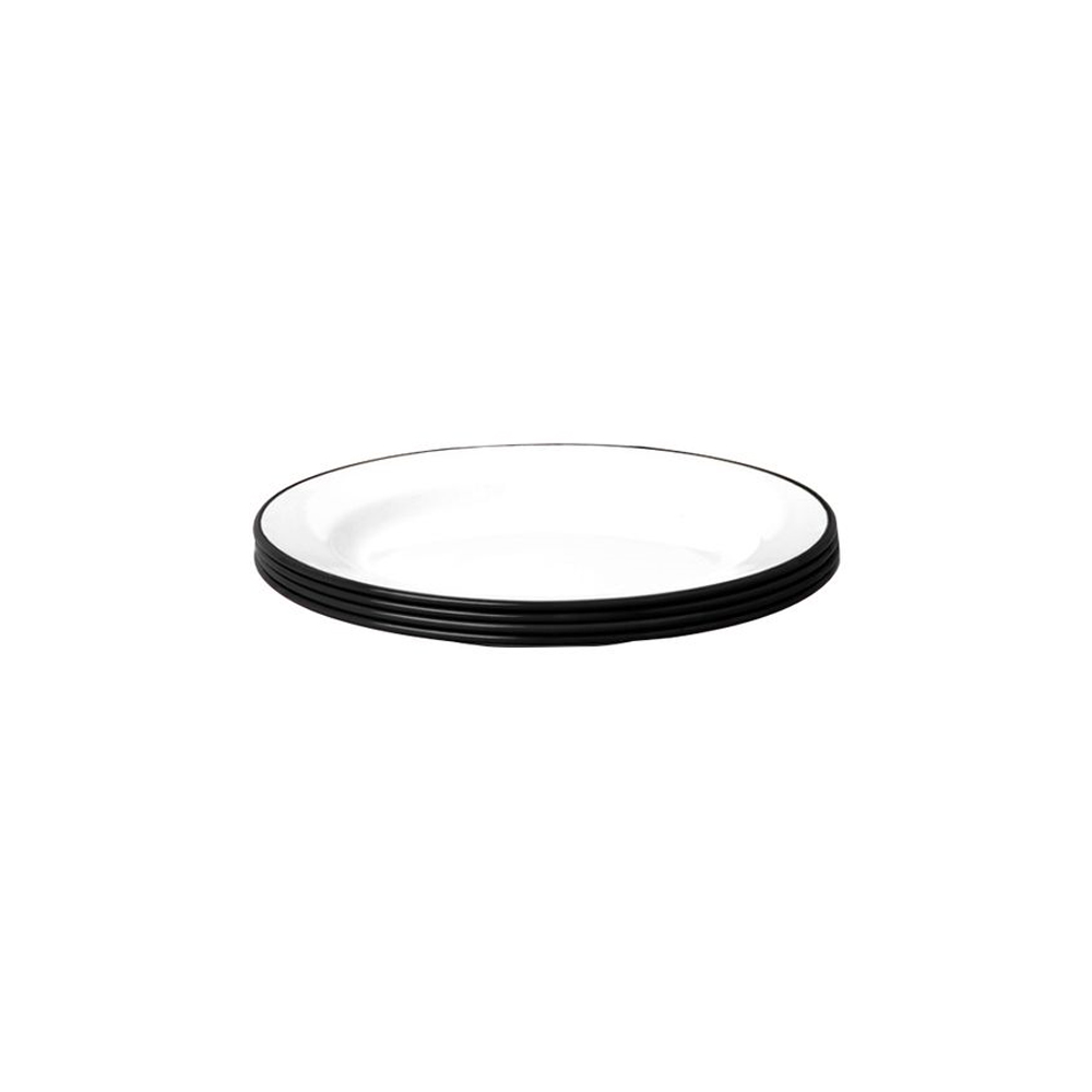 Steel Enamel Round White Flat Plate With Black Rim 24Cm (4 Pieces)